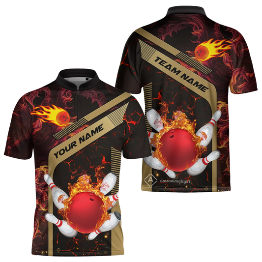 Flaming Ball Custom Red Gold Bowling Jersey For Mens, Custom Flame Bowling Shirts Team BZ0578