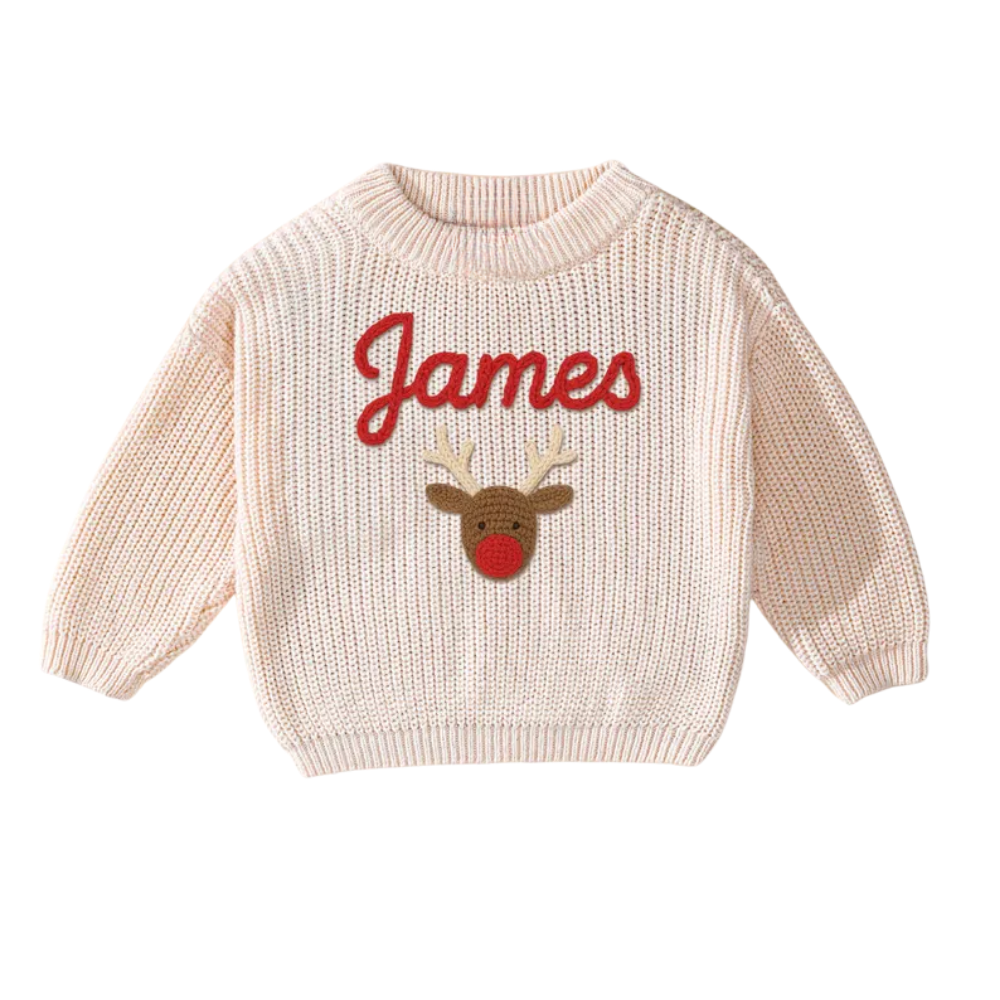 Custom Name Christmas Reindeer Embroider Knit Baby Sweater, Custom Christmas Baby Knit Sweatshirt BB0123