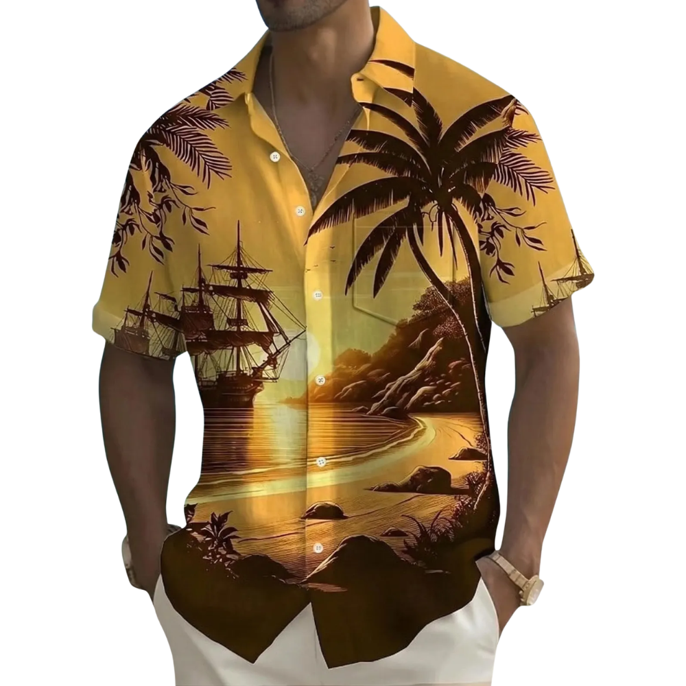 Bamboo Blue White Pocket Hawaiian Shirts For Men, Tropical Hawaiian Shirts HE0387