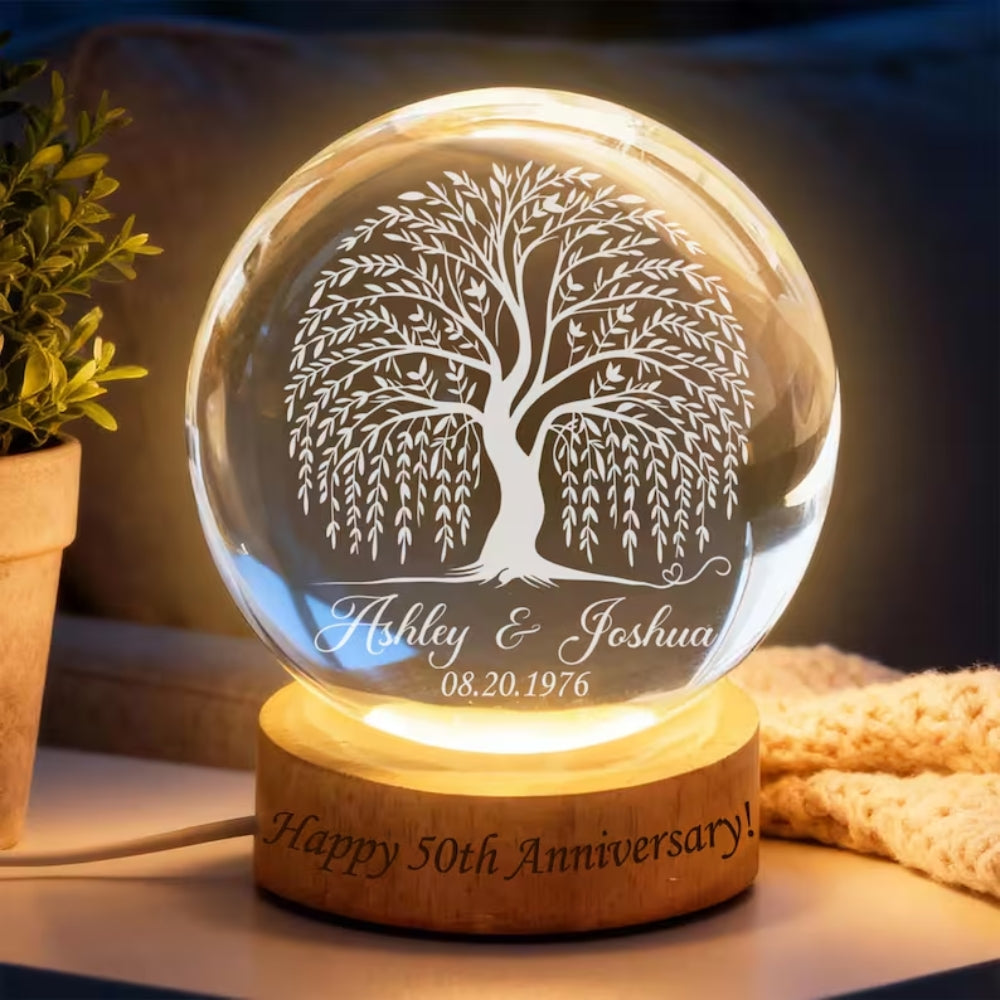 Custom Happy 50th Anniversary Tree Crystal Ball Led Night Light, Custom Golden Wedding Anniversary Night Light WD0832
