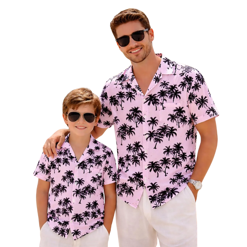 Palm Tree Pink Matching Father Child Hawaiian Shirt, Family Tropical Beach Hawaiian Shirts ET1095