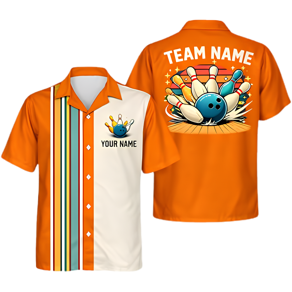 Custom Retro Black Bowling Hawaiian Shirt For Men, Custom Retro Bowling Shirt Team BZ0999