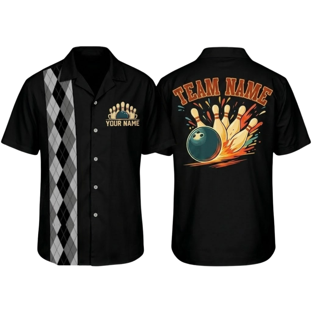 Custom Argyle Retro Navy Bowling Hawaiian Shirt Mens, Custom Team Retro Bowling Shirt BZ0797