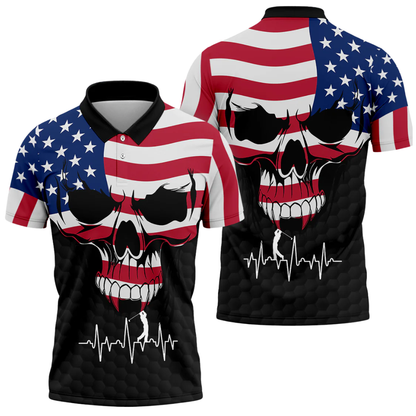 American Flag Skull Golf Men Polo Shirt, Patriotic Skull Golf Shirts GZ0299