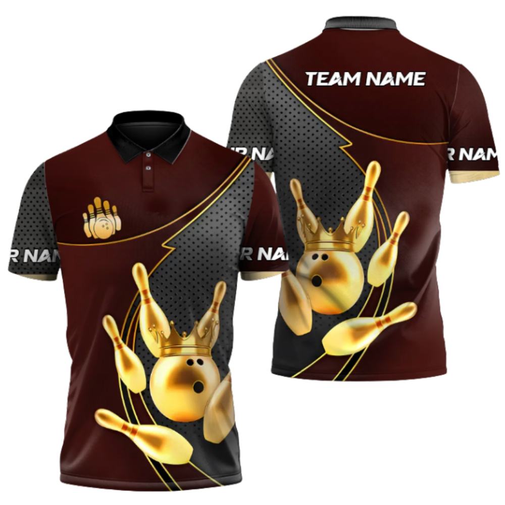 Custom Gold And Red Bowling Team Polo Shirt Mens, Custom Bowling Team Shirts BZ0937