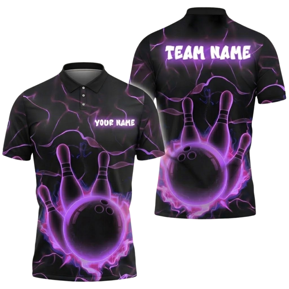 Neon Blue Thunder Custom Bowling Mens Polo Shirt, Custom Team Bowling Shirts BZ0679