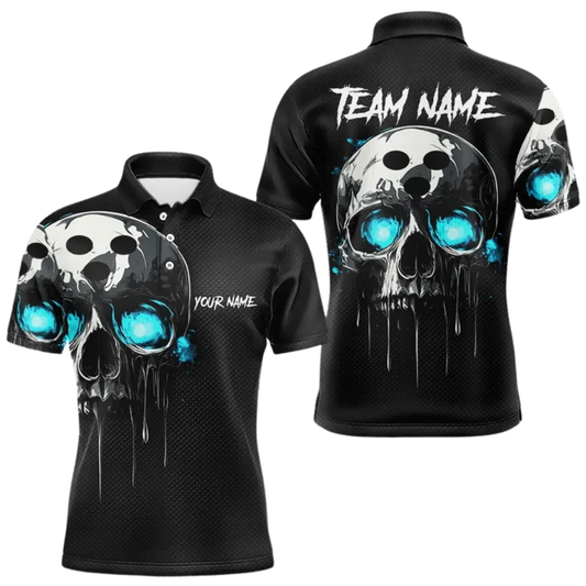 Custom Skull Black Cyan Bowling Polo Shirt Men, Custom Skull Bowling Team Shirt BZ0767