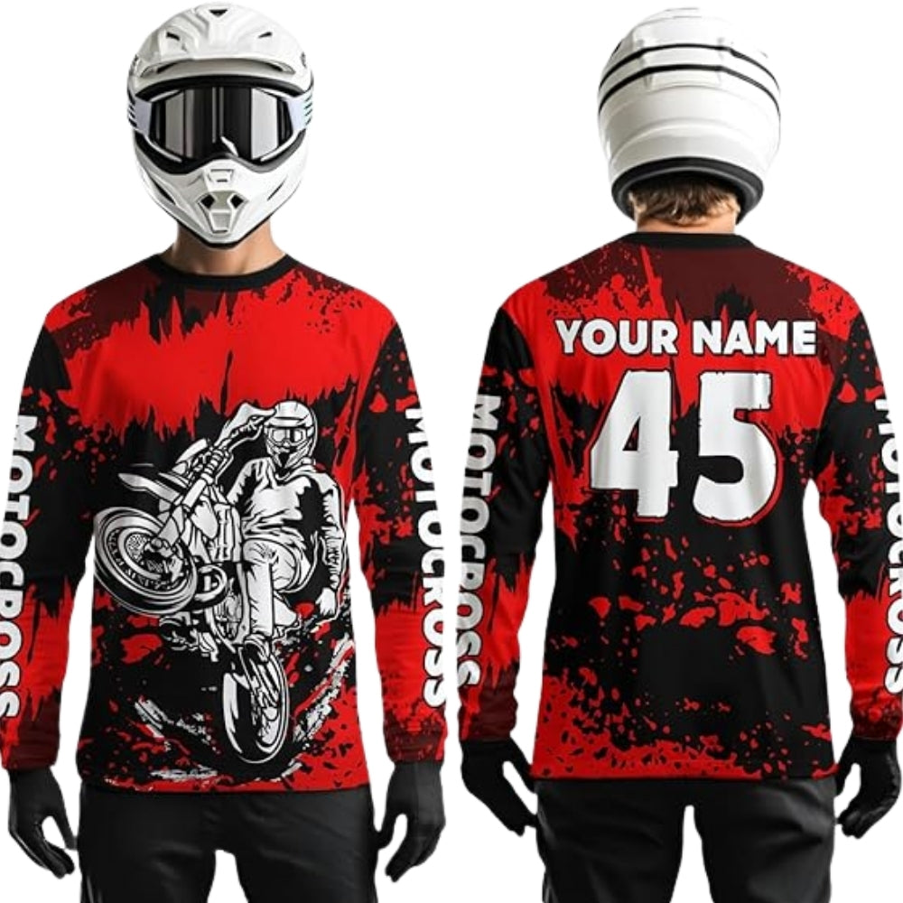 Custom Black Red Rider Motocross Long Sleeve Jersey Mens, Custom Name And Number Dirt Bike Shirts MZ0006