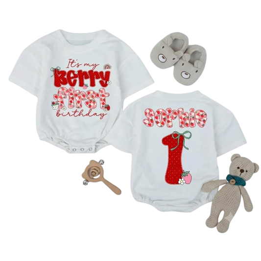 Customized It's My Berry First Birthday Baby T Shirt Romper, Custom Strawberry 1st Birthday Baby Romper BB0285