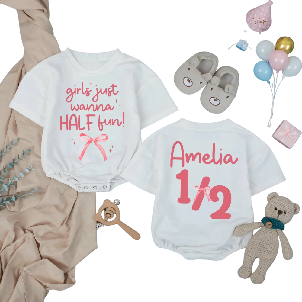 Custom Girls Just Wanna Half Fun Baby Tshirt Romper, Custom 1/2 Birthday Baby Girl Romper BB0291