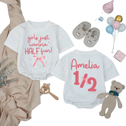 Custom Girls Just Wanna Half Fun Baby Tshirt Romper, Custom 1/2 Birthday Baby Girl Romper BB0291