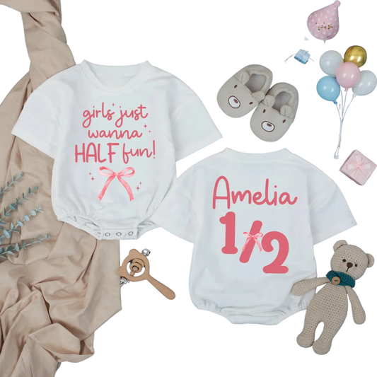 Custom Girls Just Wanna Half Fun Baby Tshirt Romper, Custom 1/2 Birthday Baby Girl Romper BB0291