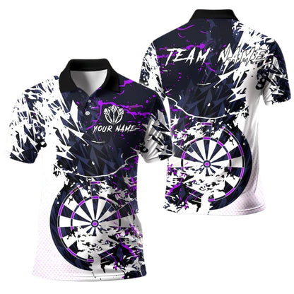 Custom Team Grunge White Blue Dart Polo Shirt For Men, Custom Darts Shirts DE0087