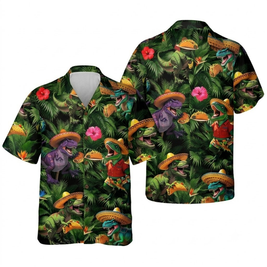 Dinosaur Taco Tropical Mens Hawaiian Shirt, Dinosaur Mexican Hawaiian Shirt HE0673