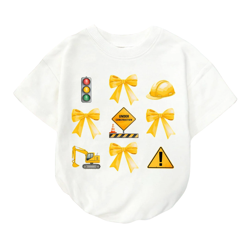 Construction Coquette Baby Short Sleeves Bubble Romper, Construction Worker Baby Romper BB0176