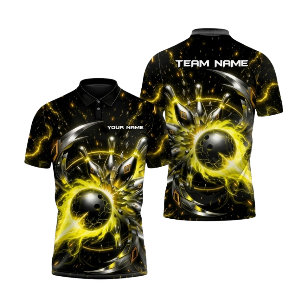 Custom Team Yellow Plasma Energy Bowling Polo Shirts Mens, Custom Team Bowling Shirts BZ1059