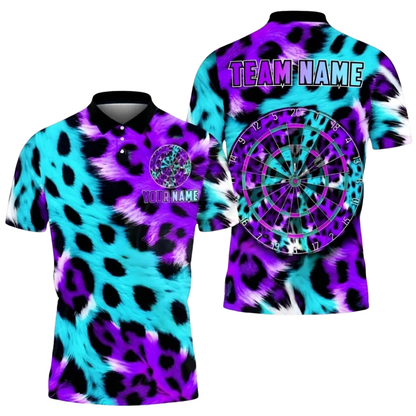 Custom Leopard Neon Cyan Pink Dart Polo Shirt Men, Custom Leopard Darts Team Shirt DZ0134