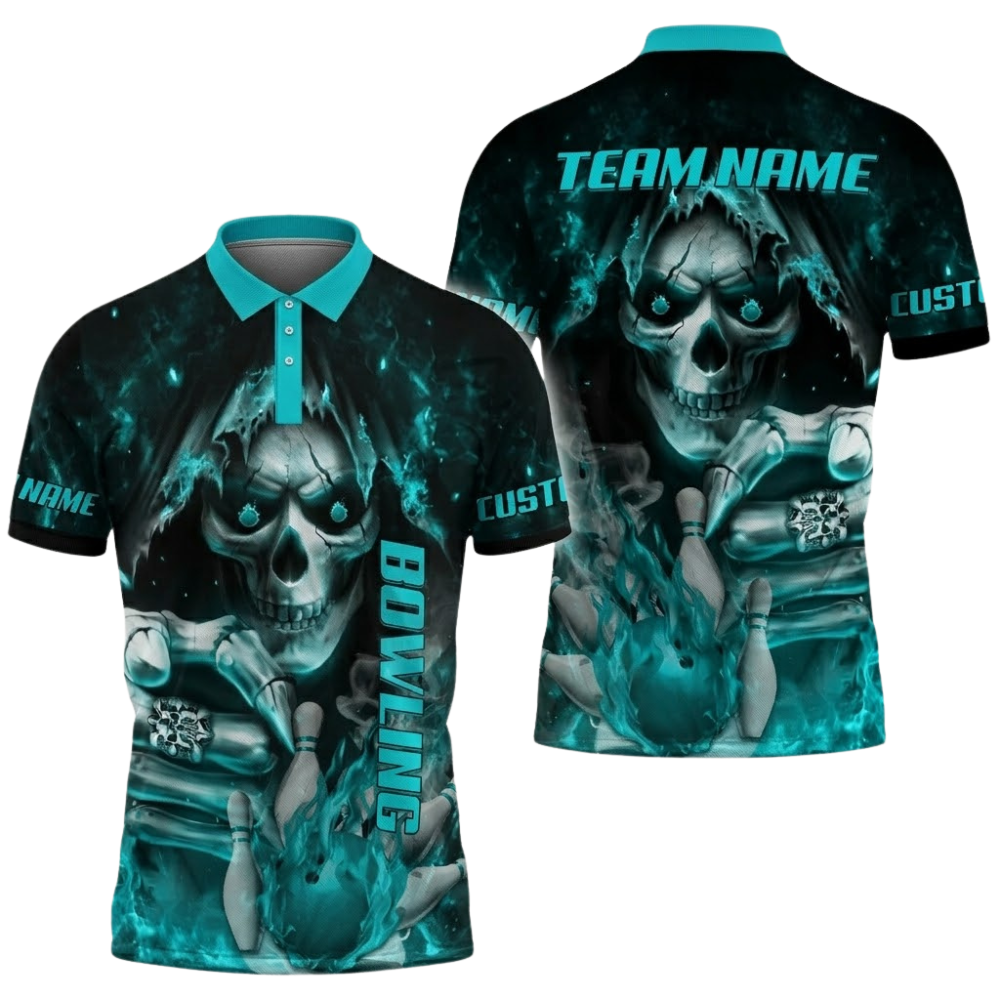 Custom Flaming Skull Bowling Polo Shirt Mens, Custom Skeleton Bowling Team Shirt BZ0685