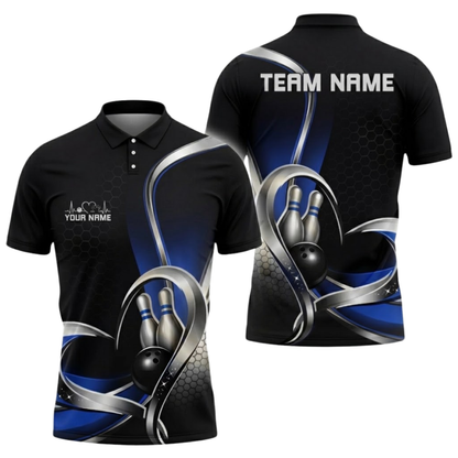 Custom Team Blue Silver Men's Bowling Polo Shirt, Custom Bowling Team Shirts BZ0799