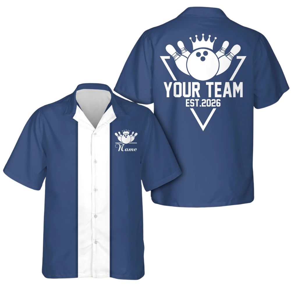 Custom Blue White Vintage Bowling Hawaiian Shirt With Year For Men, Custom Vintage Bowling Shirt BE0199