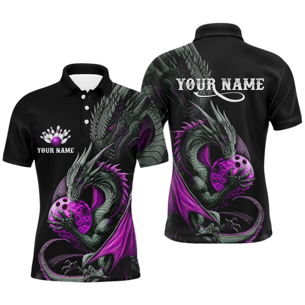 Custom Dragon Mens Bowling Polo Shirt, Black And Red Custom Dragon Bowling Shirt BZ0639