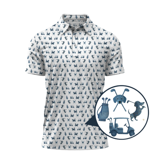 Men's Dachshund Golf Polo Shirt Blue And White, Dachshund Golf Shirts GZ0266