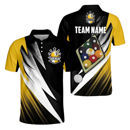 Custom Black Yellow 9 Ball Billiard Polo Shirt Men, Custom Team 9 Ball Billiard Shirts BIZ0179