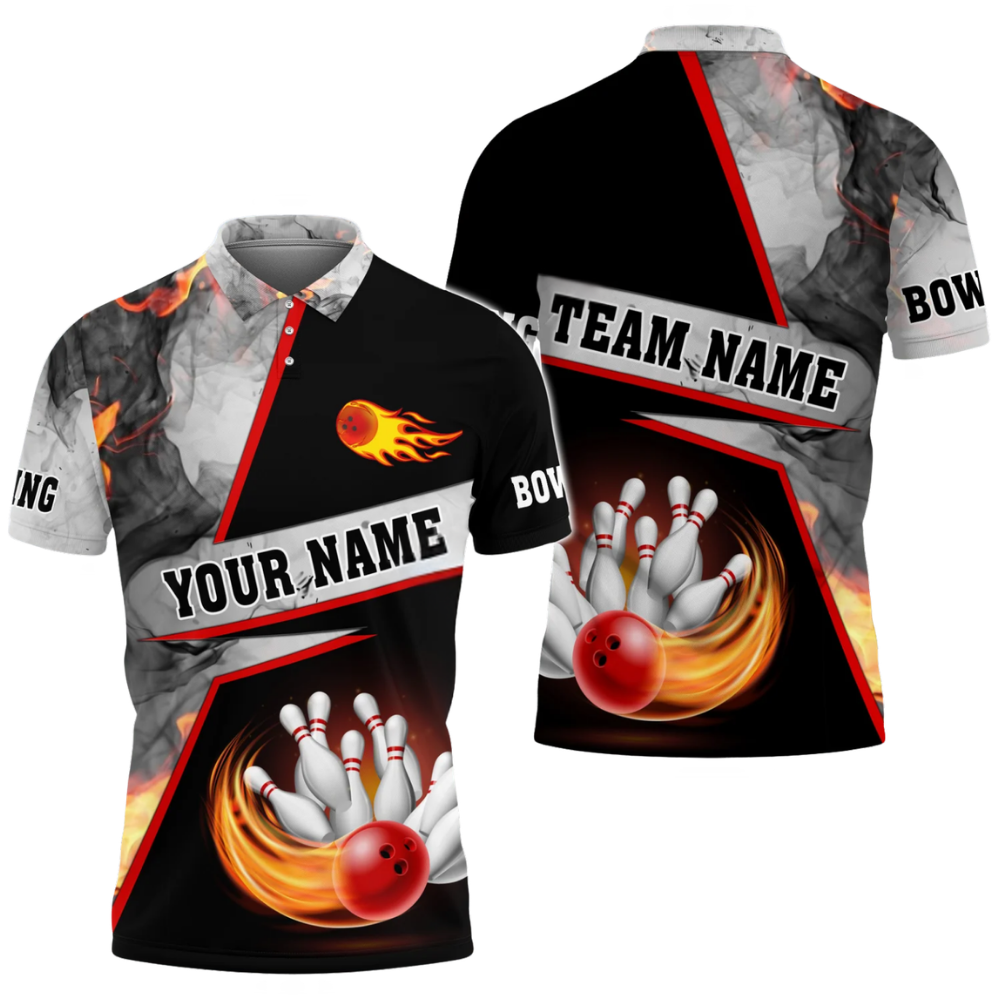 Custom Flame Smoke Grey Bowling Polo Shirt For Men, Custom Flame Bowling Team Shirts BZ0650