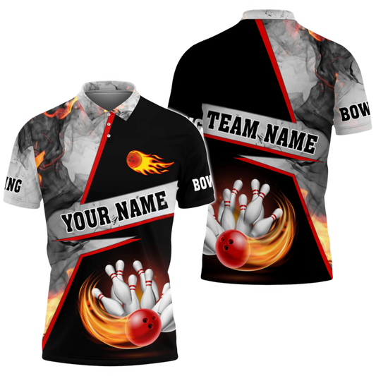 Custom Flame Smoke Grey Bowling Polo Shirt For Men, Custom Flame Bowling Team Shirts BZ0650