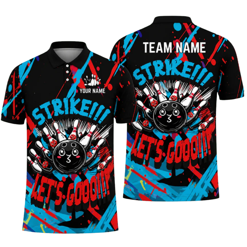 Strike Let's Go Custom Funny Pins And Ball Graffiti Bowling Mens Polo Shirt, Custom Funny Bowling Team Shirts BZ0477