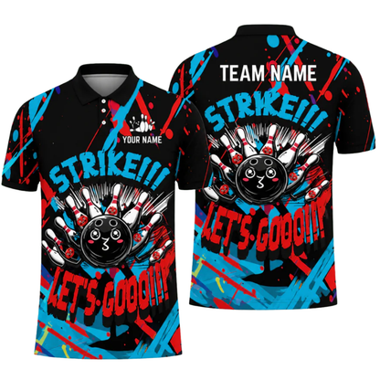 Strike Let's Go Custom Funny Pins And Ball Graffiti Bowling Mens Polo Shirt, Custom Funny Bowling Team Shirts BZ0477