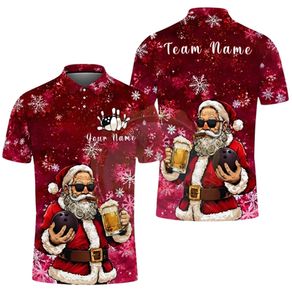 Custom Santa And Beer Bowling Polo Shirt Mens, Custom Christmas Bowling Shirt For Team BZ0624
