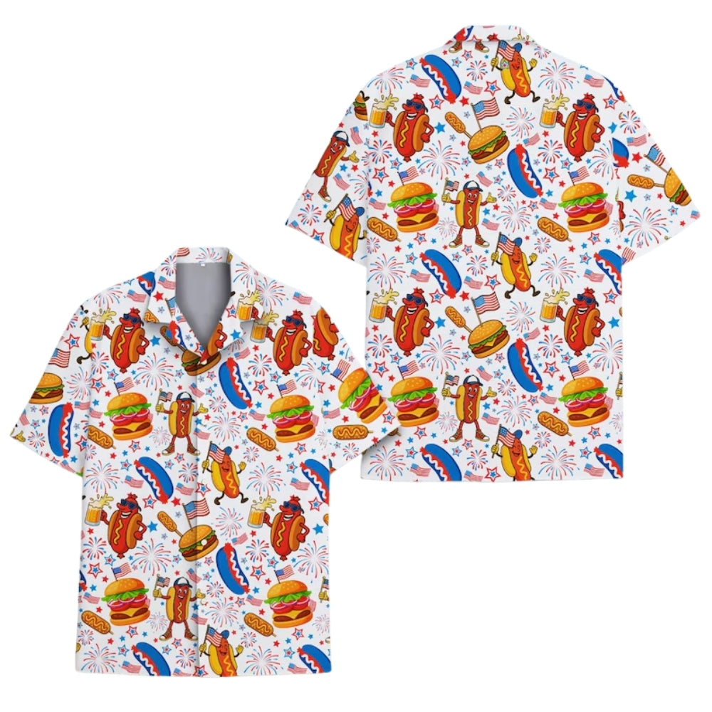 Funny Hot Dog And Burger American Flag Hawaiian Shirt Men Women, Hot Dog 4th of July Hawaiian Shirts HE0398