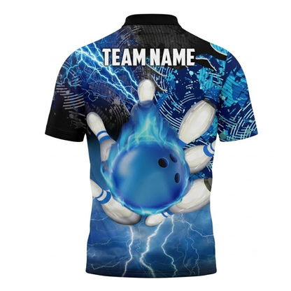 Blue Flaming Custom Bowling Polo Shirt For Men, Custom Flame Bowling Shirts Team BZ0734