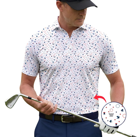 White Red Blue Pattern USA 250th Anniversary Golf Polo Shirts For Men, 4th Of July Golf Shirts GE0397