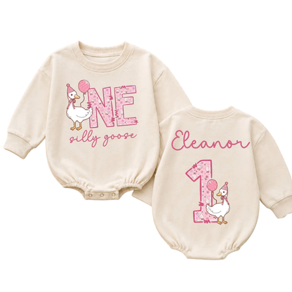 Custom One Silly Goose First Birthday Baby Romper Sweatshirt, Custom Goose 1st Birthday Baby Romper Sweater BB0858