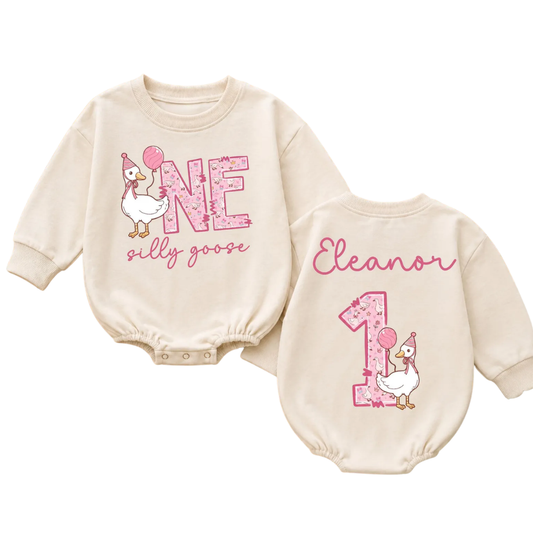 Custom One Silly Goose First Birthday Baby Romper Sweatshirt, Custom Goose 1st Birthday Baby Romper Sweater BB0858