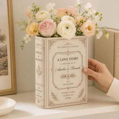 Our Greatest Chapter Custom Wedding Love Story Ceramic Book Vase, Custom Vintage Wedding Flower Vase WD0548