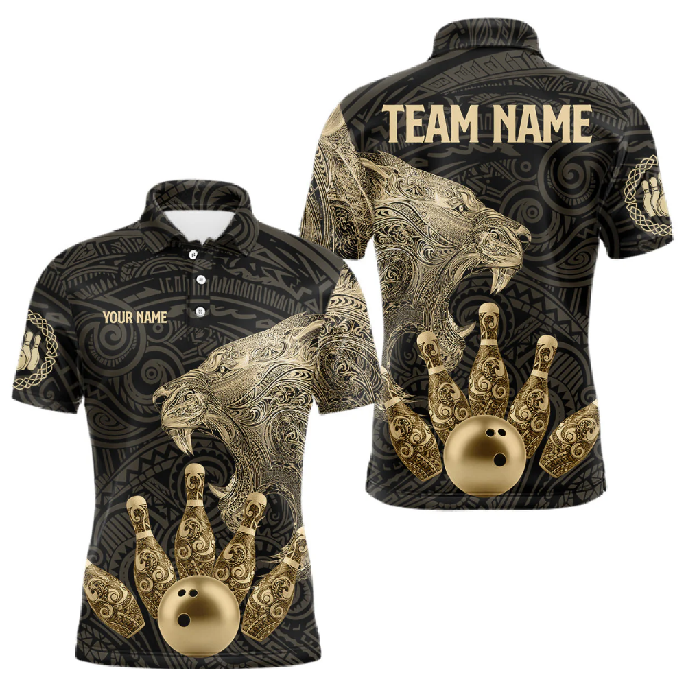 Tribal Lion Black And Gold Custom Mens Bowling Polo Shirt, Custom Lion Tribal Bowling Team Shirts BZ0491