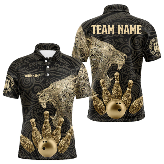 Tribal Lion Black And Gold Custom Mens Bowling Polo Shirt, Custom Lion Tribal Bowling Team Shirts BZ0491