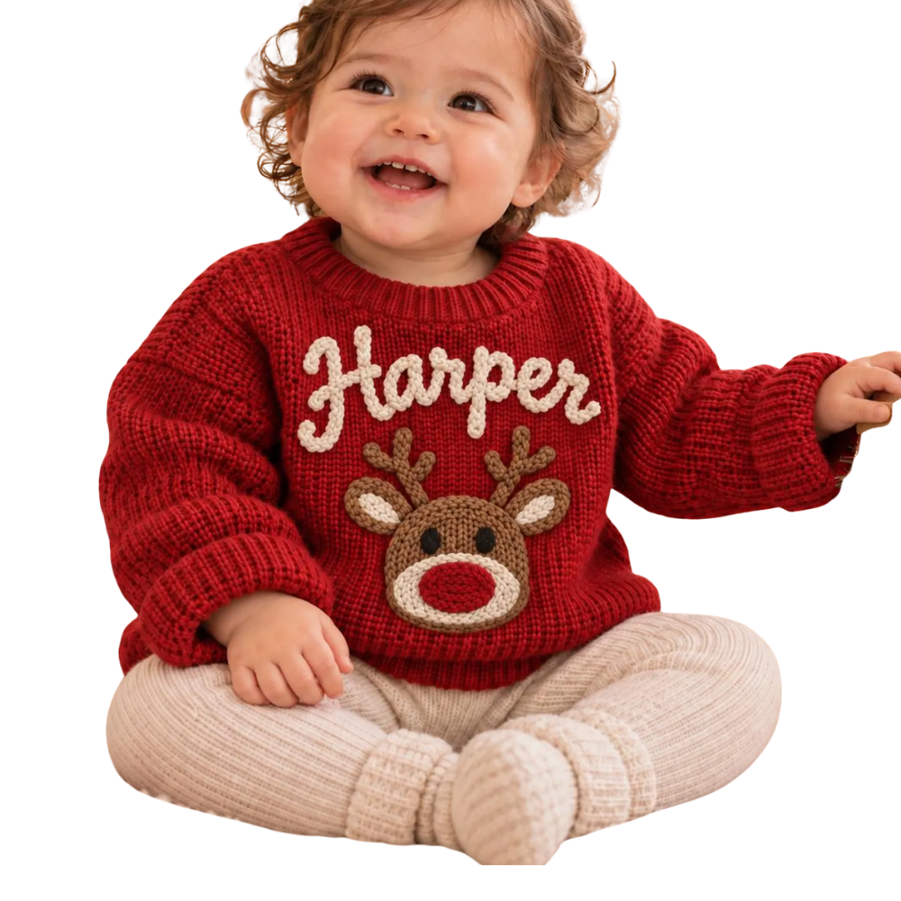Reindeer Custom Name Baby Embroidered Knit Sweater, Custom Christmas Baby Embroidered Sweatshirt BB0902