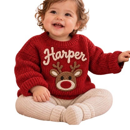 Reindeer Custom Name Baby Embroidered Knit Sweater, Custom Christmas Baby Embroidered Sweatshirt BB0902