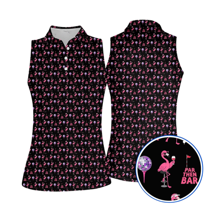 Par The Bar Disco Flamingo Sleeveless Golf Shirt For Ladies, Fun Flamingo Golf Shirt Wome GE0435