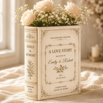Custom Vintage Love Story Ceramic Flower Book Vase For Wedding Anniversary Engagement, Custom Wedding Book Vase WD0559