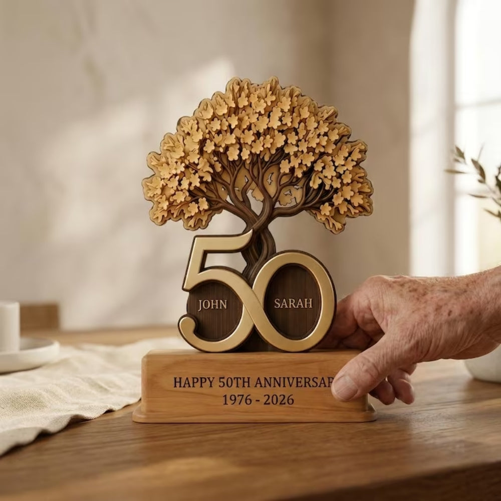 Happy 50th Anniversary Custom Tree Wooden Plaque, Custom Golden Wedding Anniversary Wooden Block WD0779