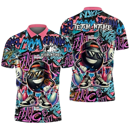 Custom Funny Ball Graffiti Mens Bowling Polo Shirt, Custom Team Graffiti Bowling Shirts BZ0531
