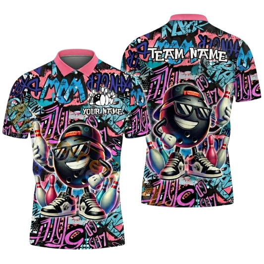 Custom Funny Ball Graffiti Mens Bowling Polo Shirt, Custom Team Graffiti Bowling Shirts BZ0531