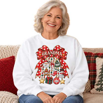Custom Grandma Christmas Bow Sweatshirt With Grandkids Names, Personalized Christmas Grandmother Sweatshirt 2D1263