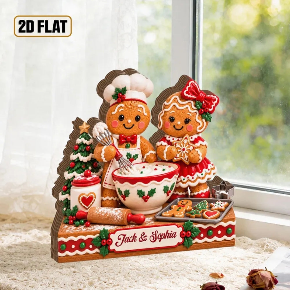 Personalized Gingerbread Baking Couple Layer Wooden Plaque, Custom Christmas Wedding Keepsake Wooden Block WD0943