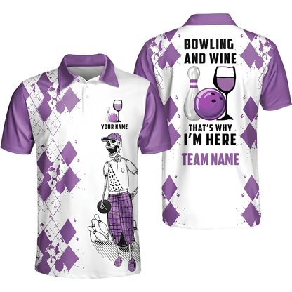 Bowling And Wine That's Why I'm Here Custom Skeleton Argyle Yellow Bowling Polo Shirt Men, Custom Wine Bowling Team Shirt BZ0470